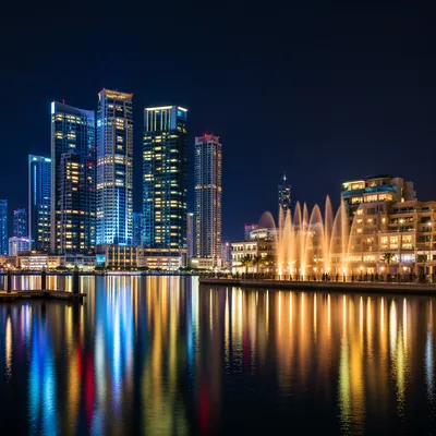 Modern Waterfront Skyline at Night