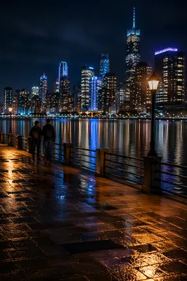 Peaceful Night Skyline by Harbor Promenade