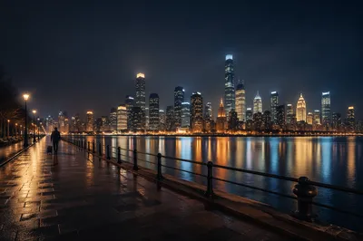 Rainy Night City Skyline by Waterfront