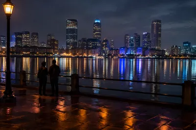 Peaceful Night City Skyline by Harbor