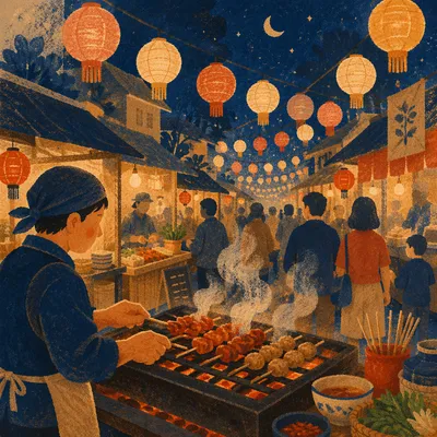 Warm Lantern Night Market Street Food Scene
