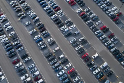 Aerial Travel Parking Lot with Car Rows