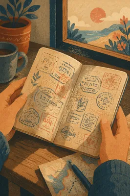 Nostalgic Passport Pages on Cafe Table