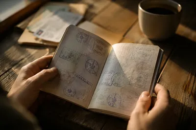 Close-Up Travel Document and Passport Stamps
