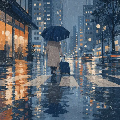 Rainy City Reflections with Umbrella Traveler