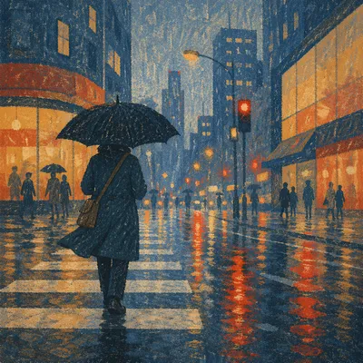 Rainy City Street Reflections with Umbrella