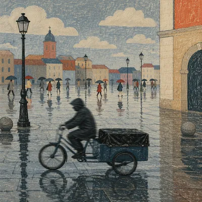 Rainy City Reflections with Umbrella Commuters