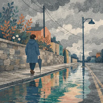 Rainy City Walk with Reflective Puddles