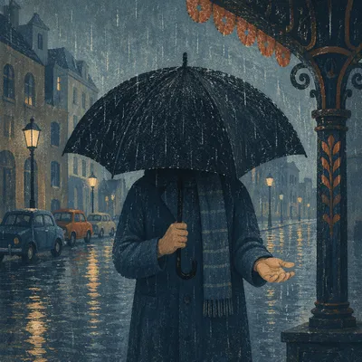 Rainy City Street Reflections with Umbrella