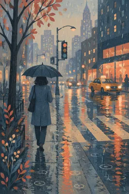 Rainy City Street Reflections at Blue Hour
