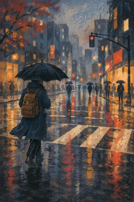 Rainy City Street Reflections with Umbrella