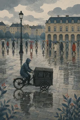 Rainy City Reflections With Umbrella Commuters