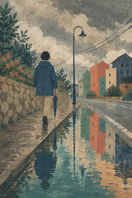 Rainy City Street with Quiet Reflections