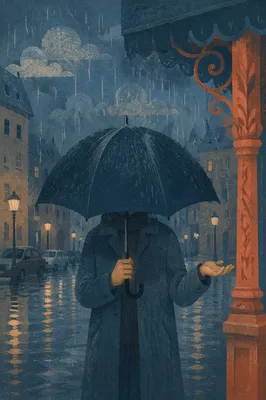 Solitary Traveler Under Umbrella at Blue Hour