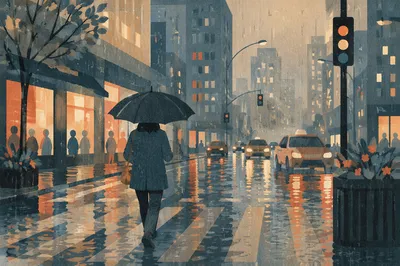 Rainy City Street Reflections at Blue Hour