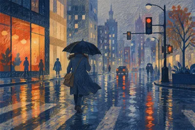 Rainy City Street Reflections with Umbrella