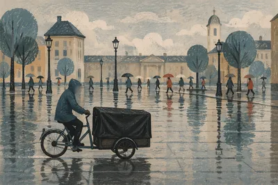 Rainy City Street Reflections with Umbrella