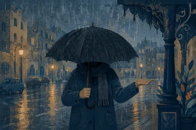 Rainy Blue Hour City Street Traveler