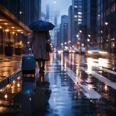 Rainy City Street Reflections with Traveler