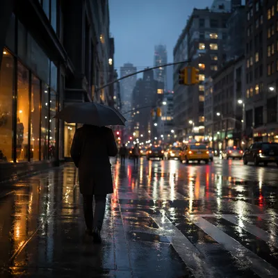 Rainy City Street Reflections at Blue Hour