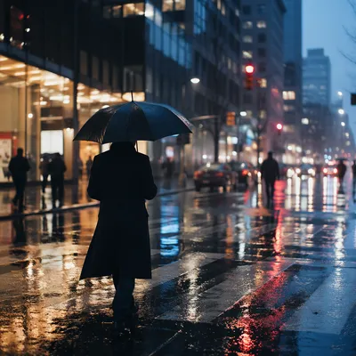 Rainy City Street Reflections with Umbrella