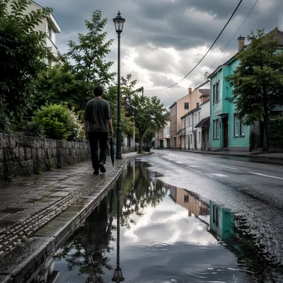 Rainy City Street Reflections With Umbrella