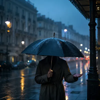 Solitary Traveler Under Umbrella at Blue Hour