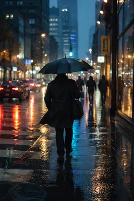 Rainy City Street Reflections with Umbrella