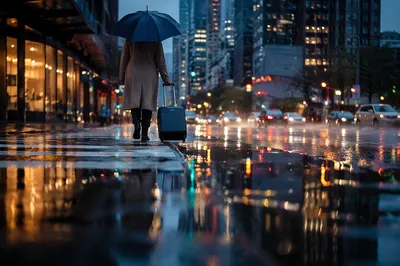 Rainy City Street Reflections with Umbrella