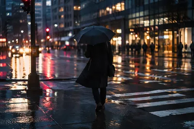 Rainy City Street Reflections with Umbrella