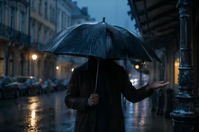 Solitary Traveler Under Umbrella at Blue Hour
