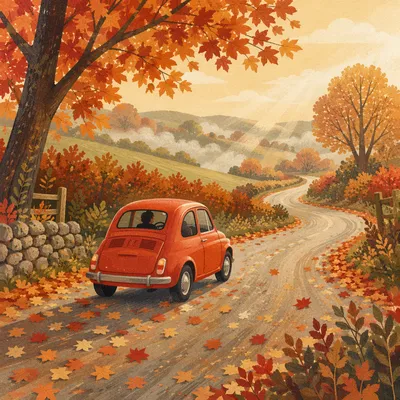 Red Car on Autumn Country Road