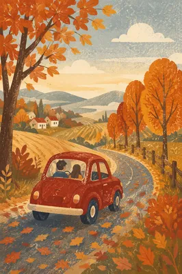 Red Car on Autumn Country Road