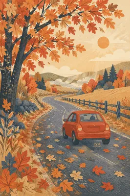 Red Car on Autumn Country Road