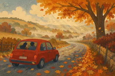 Red Car on Autumn Country Road