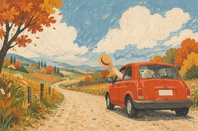 Red Car on Autumn Country Road