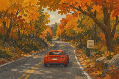 Red Car on Autumn Country Road