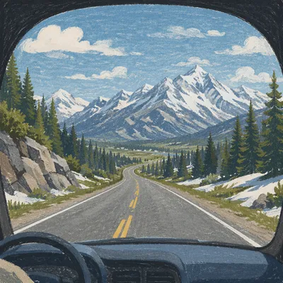 Open Highway Through Alpine Car Window