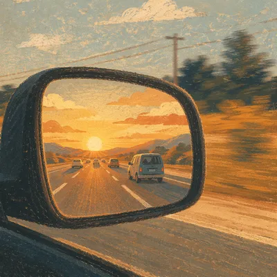 Sunset Highway Reflected in Car Mirror