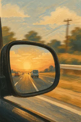 Sunset Highway Reflection Through Car Mirror