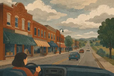 Small Town Road Trip Toward Open Highway