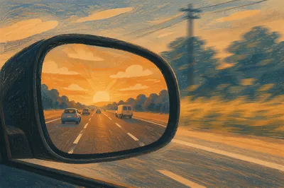 Open Highway Sunset Reflected in Car Mirror