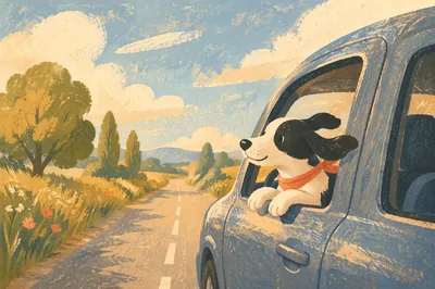 Happy Dog Road Trip Window View