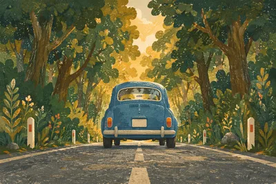 Vintage Blue Car on Forest Highway