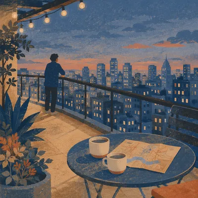 Rooftop Cityscape Evening Lights at Blue Hour