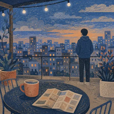 Blue Hour Rooftop Cityscape with Evening Lights