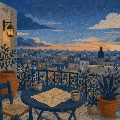Blue Hour Rooftop Cityscape with Evening Lights