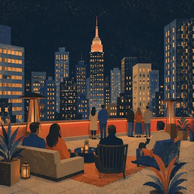 Rooftop Terrace Over Downtown Night Skyline