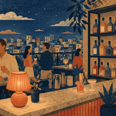 Evening Rooftop Bar Over City Lights