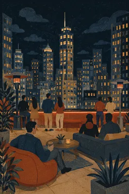 Rooftop Cityscape with Evening Skyline Lights